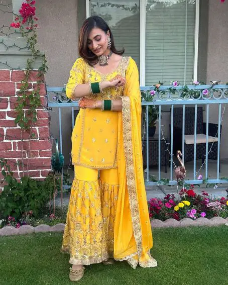 Bright Yellow Sharara Suit Set with Short Kurti