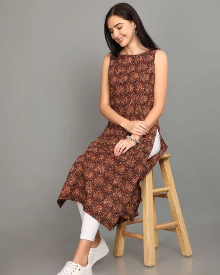 Brown Printed Sleeveless Kurti with Boat Neck Design