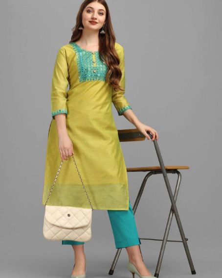 Chanderi Fluorescent Green Sleeve Kurti