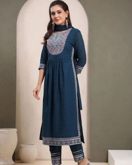 Chikankari Naira Cut Kurti with Pant and Dupatta Set