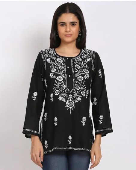 Chikankari Short Black Kurti with Neck Embroidery Work