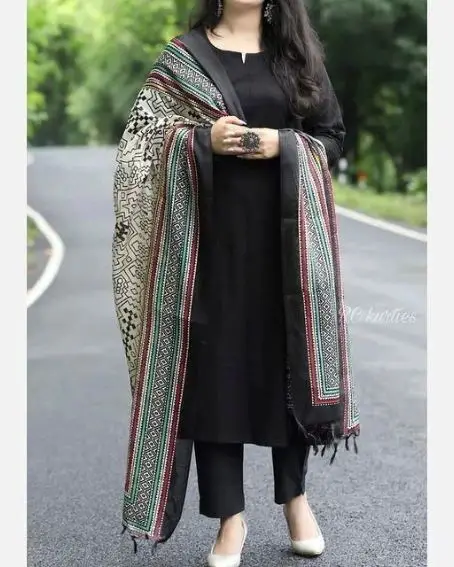 Chikenkari Cotton Black Kurti with Printed Silk Dupatta