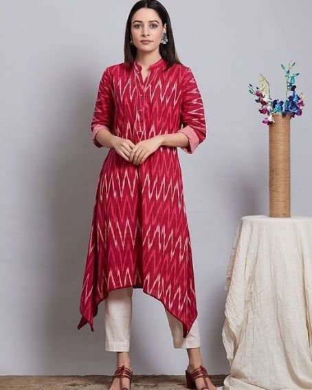 Collar Neck Design Ikkat Cotton Long Kurti with a Cigarette Pant