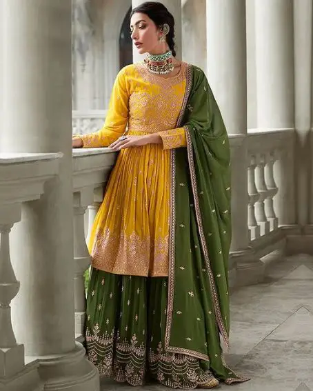 Contrast Combination Anarkali Yellow Kurti with Green Lehenga and Dupatta