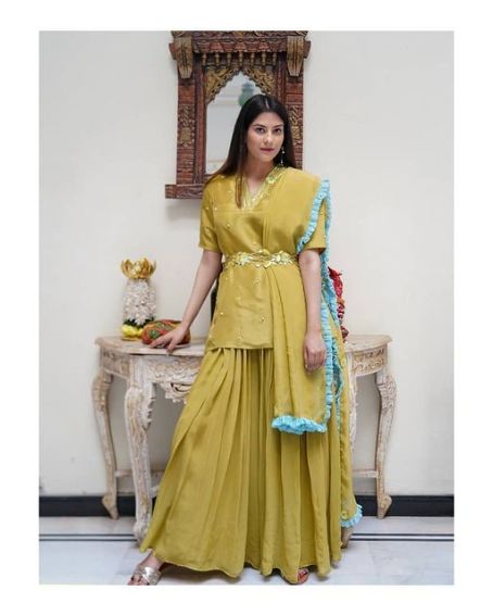 Crushed Olive Short Kurti with Skirt
