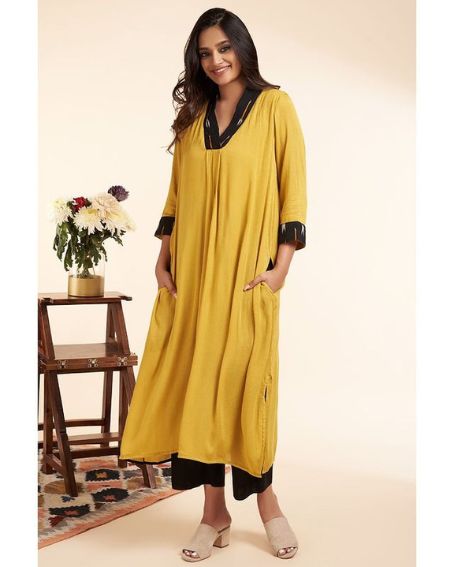 Dainty Stitch Mustard Yellow V-Neck Kurti