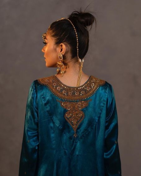 Dark Blue Velvet Kurti Back Neck Design with Golden Embroidery