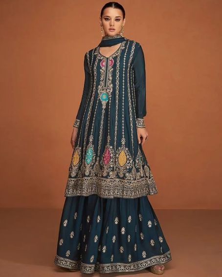 Dark Green Long Kurti with Multi-Color Embroidery and Lehenga Set