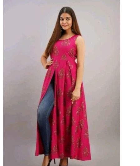 Dark Pink Long Kurti with Side Cut Design