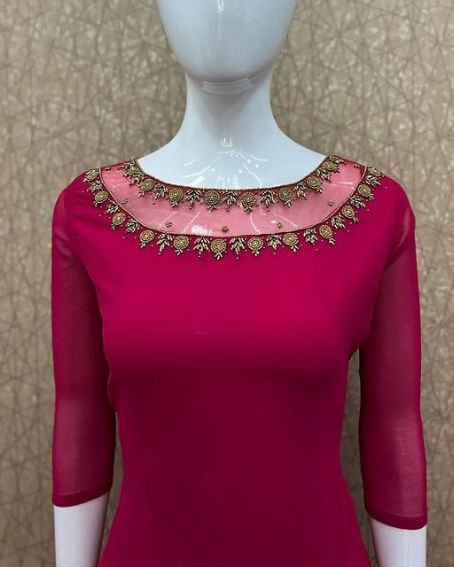 Elegant Kurti with a Transparent Net Neck and Golden Embroidery Work