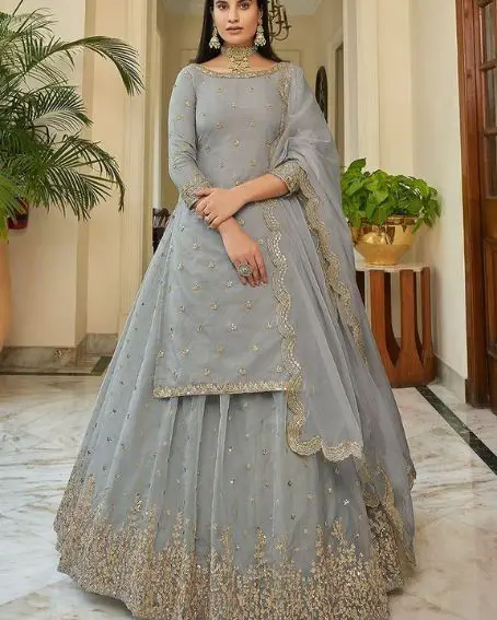 Embroidered Kurti Style Lehenga in Sage Grey