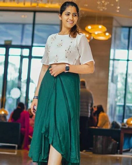 Embroidery Crop Top Kurti with Green Skirt