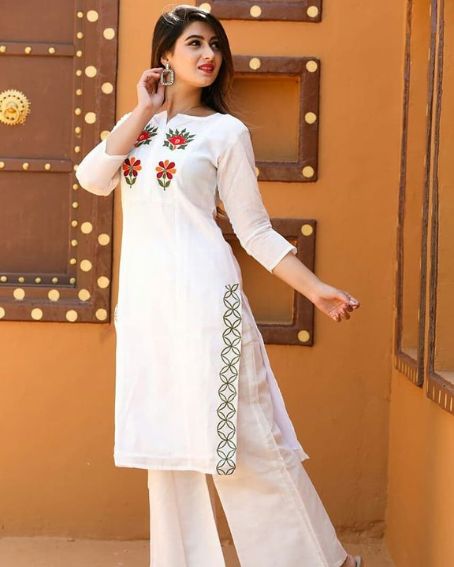 Embroidery Neck White Kurti with Matching Plazo