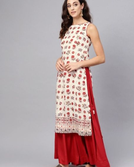 Eventual Floral Printed Sleeveless Kurti with Boat Neck and Lehenga Bottom