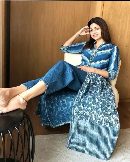 Fabric Cotton Printed Blue Long Kurti