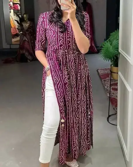 Fancy Bandhani Long Kurti with White Jeans