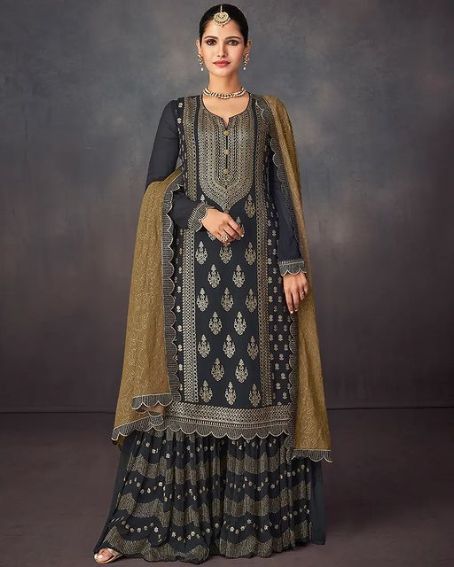 Fill Sleeve Dark Gray Long Kurti with Embroidered Lehenga Set