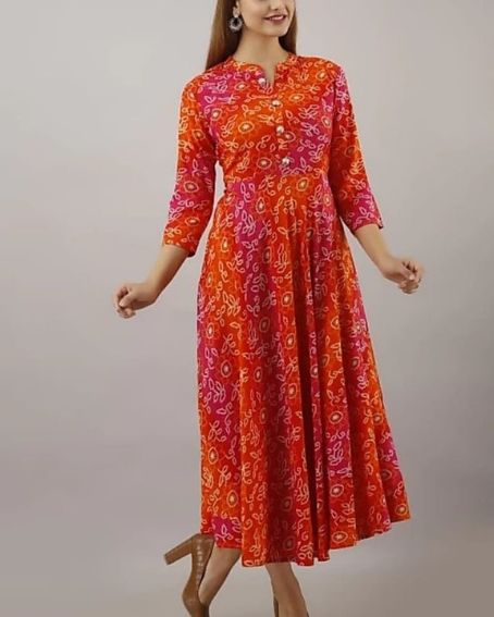 Flair Long Bandhani Kurti with Collar Neck Design