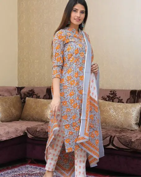 Floral Block Print Mirror Work Kurti