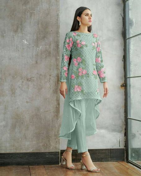 Floral Embroidery Pattern Up and Down Long Kurti with Cigarette Pant