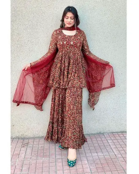 Floral Pattern Sharara Suit With Short Kurti