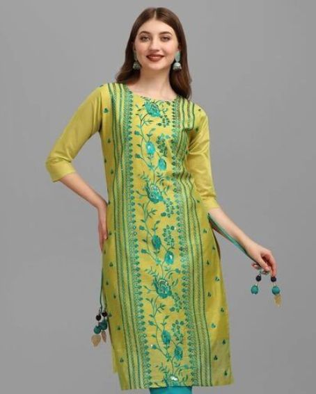 Fluorescent Three-Quarter Sleeve Hand Embroidery Kurti