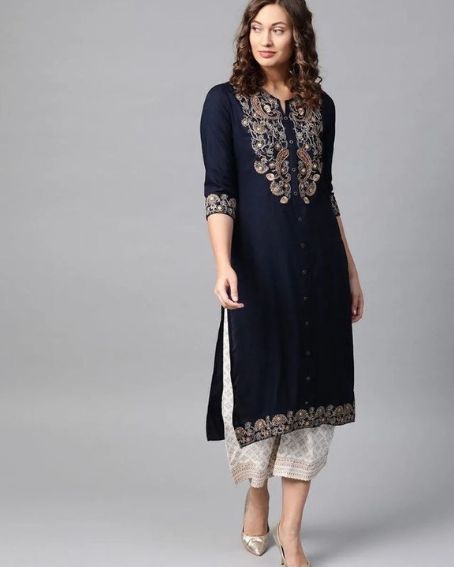 Foil Print and Embroidery Work Kurti with White Plazo