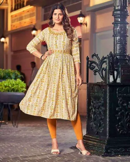 Foil Print with Neck Embroidery Kurti with Belt