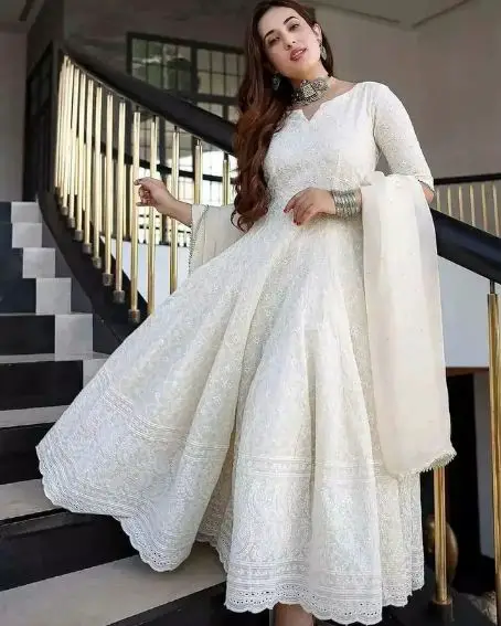 Full-Length Anarkali Pattern Plain White Chikankari Kurti Set