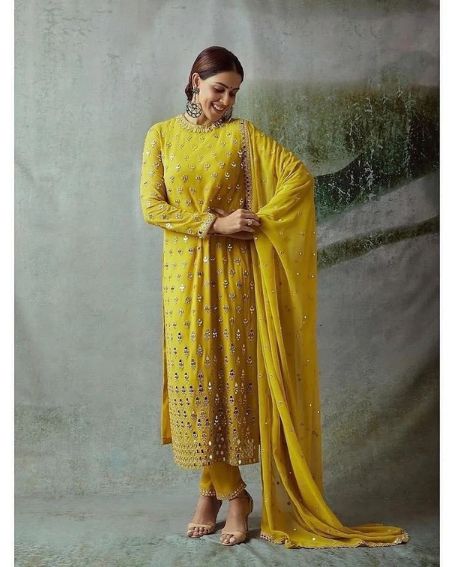 Ganiliya in Yellow Kurti Set with Mirror Embroidery
