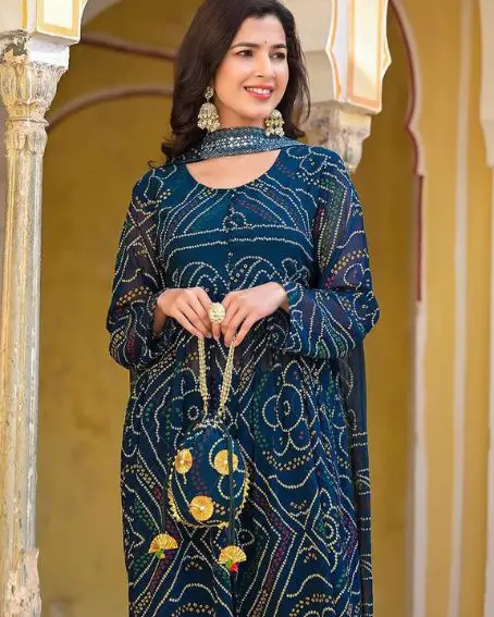 Georgette Bandhani Kurti with Round Neck Design