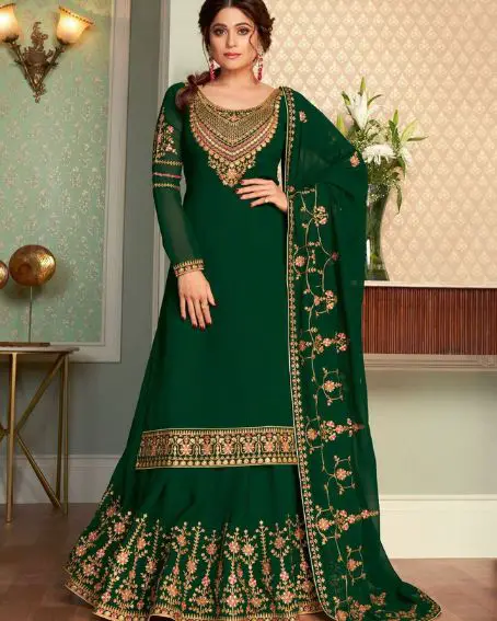 Georgette Green Long Kurti with Lehenga Set with Embroidery Work