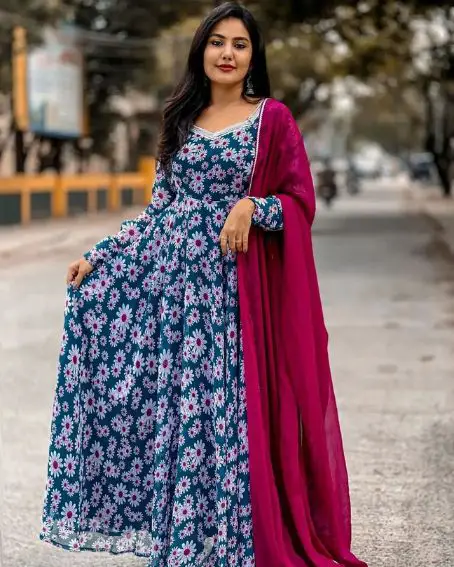 Georgette Silver Lace Work Neck Anarkali Kurti