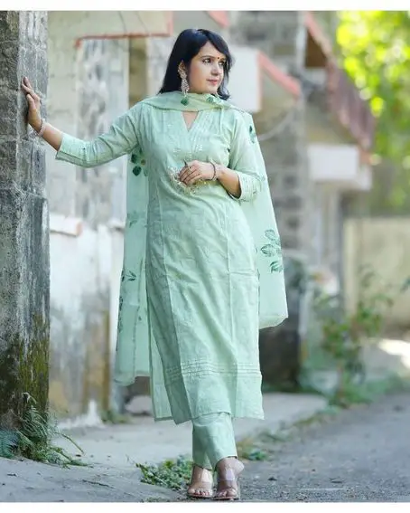 Gorgeous Schiffli Cotton Light Green Long Kurti Set