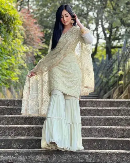 Gorgeous White Short Kurti with Sharara Suit