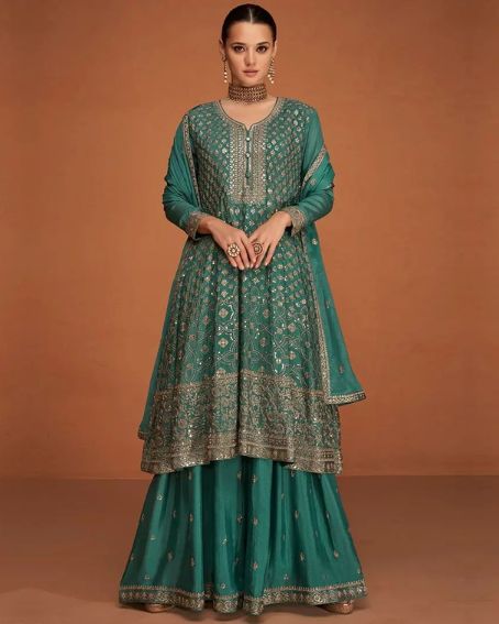 Green Embroidery Long Kurti with Lehenga