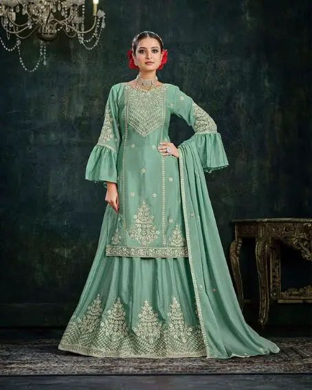 Green Pakistani Long Kurti with Lehenga Set