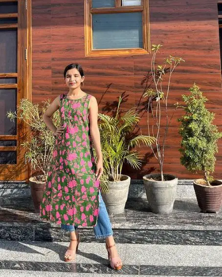 Green and Pink Floral Print Kurti