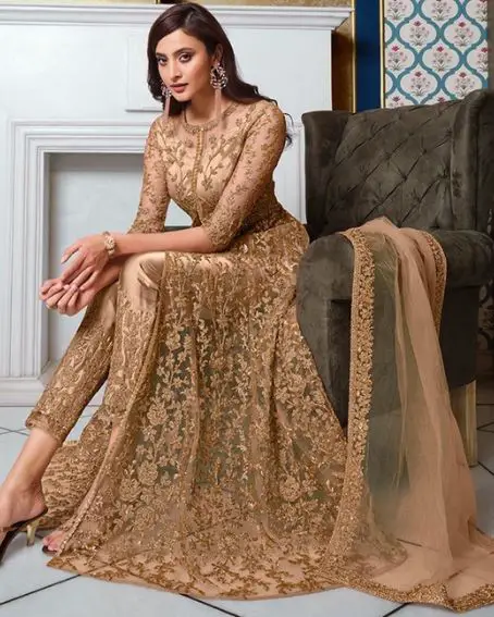 Heavily Embroidered, Front Slit Golden Long Kurti with Cigarette Pant