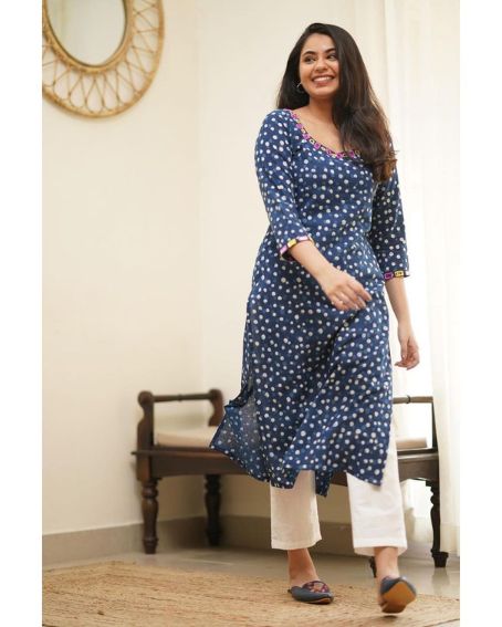 Indigo Hand Mirror Work Embroidery Kurti