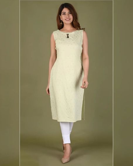 Innovative Pale Yellow Sleeveless Kurti with Boat Neck Design