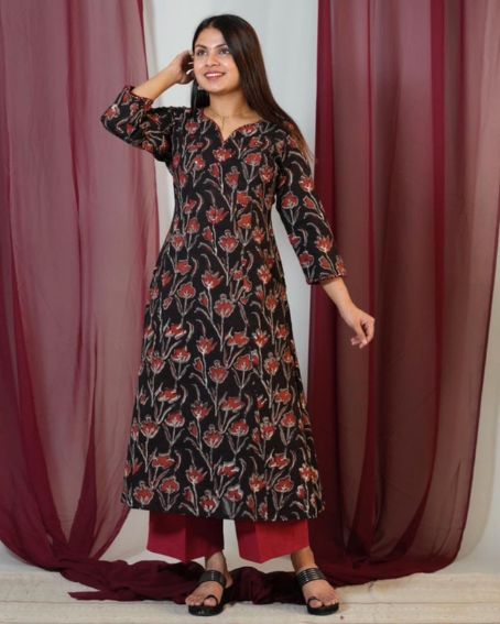 Inward V-Neck Hand Block Printed Kurti