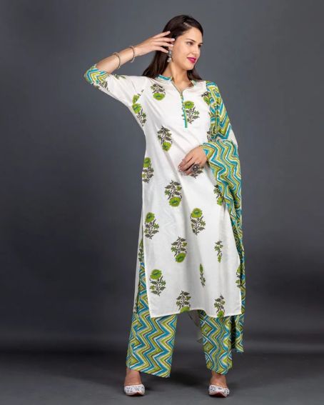 Ivory and Green Pure Cotton Kurti with Palazzo