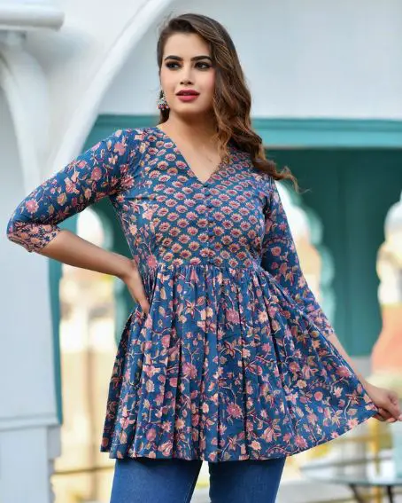 Jaipuri Style Pleated Type Short Cotton Kurti