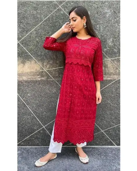 Lace Work Elbow Sleeve Kurti with Palazzo