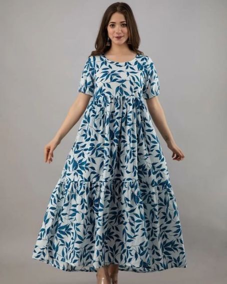 Leaf-Printed Long Kurti with Short Sleeve
