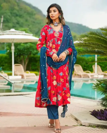 Leafy Digital Print Red Neck Embroidery Kurti