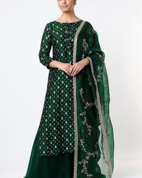 Long Green Kurti with Boat Neck Design with Dori