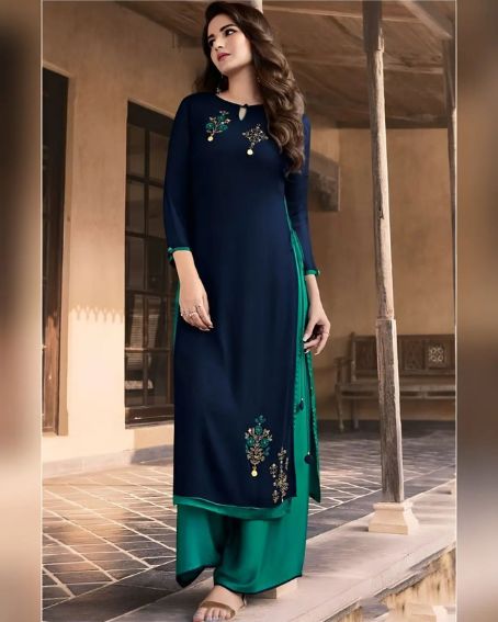 Long Kurti with Side Cut and Keyhole Neck Design with Palazzo