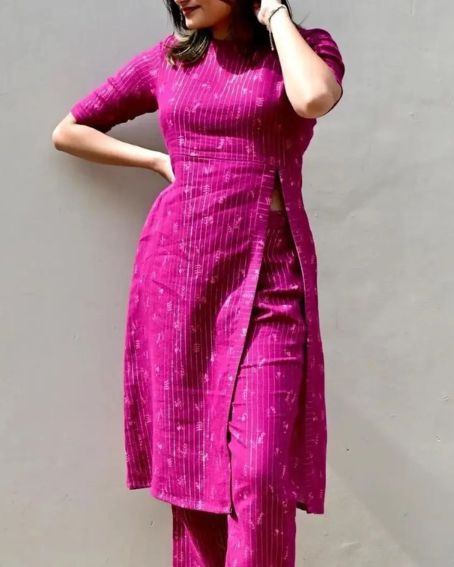 Long Pink Kurti with Side Cut and Cigarette Pant